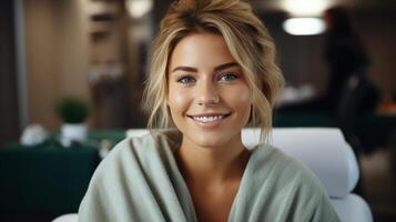 Woman Sitting in Front of a Pile of White Towels photo