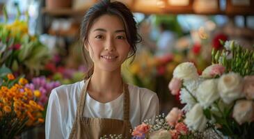 Woman Standing in Front of Bouquet of Flowers photo