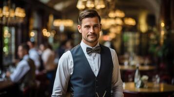 hombre vistiendo arco Corbata en restaurante foto