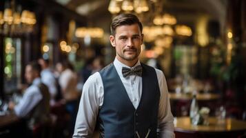 Man Wearing Bow Tie in Restaurant photo