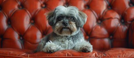 Small Gray and White Dog Sitting on Top of Red Couch photo