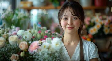 Woman Standing in Front of Bouquet of Flowers photo