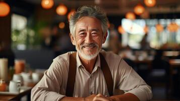 Man Sitting at Table in Restaurant photo