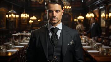 Man Wearing Bow Tie in Restaurant photo