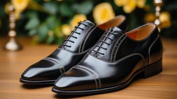 Black Shoes on Wooden Table photo