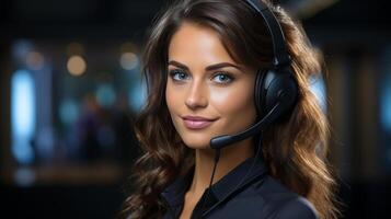 Woman Wearing Headset in Dark Room photo