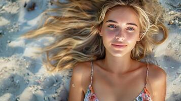 Woman Laying in Water With Blowing Hair photo