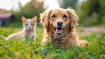 Dog and Cat Laying in Grass photo