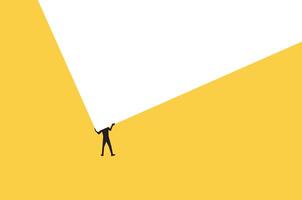 Strong business man concept. Symbol of strength, courage, power. Businessman lifting a heavy cube. business illustration. Businessman pushing huge stone up. problem crisis vector
