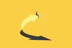 Businessman fishing nothing from the arrow shadow. Financial market growth. The concept of success, financial growth, profit. Career or investment opportunity symbol. Financial market, stock exchange vector