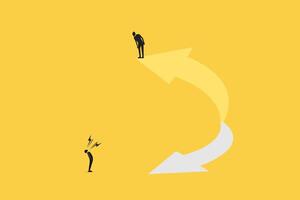 PrintSuccessful businessman standing on the arrow looking down and man shout, which pointing up as symbol of achievement, success and developing business in successful way. vector