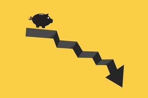 Piggy bank with graph arrow downward. Falling savings or bankruptcy and loss of investment. vector