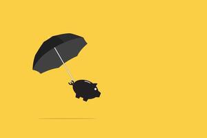 Piggy bank lifted by black umbrella on yellow background. Savings growth concept, Could illustrate volatile and risky savings and investments or a market that's about to collapse shown vector