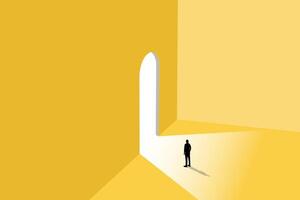 Business opportunity or career success concept with man walking enter door. Symbol of courage, ambition, having a goal, inspiration. vector