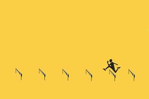 Business challenge, overcome difficulty or obstacle to achieve business success, effort, skill or aspiration to solve problem concept, ambitious businessman jump over hurdles. vector