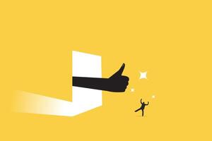 Businessman standing in front of a door, big hand out from the door with thumbs up gesture. promotion, Best worker, excellent performance, recognition for an achievement concept. vector