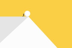 Businessman pushing heavy debt down the cliff. Business concept vector