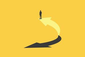 Successful businessman standing on the arrow, which pointing up as symbol of achievement, success and developing business in successful way. Businessman looking forward. vector