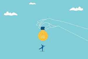 Business idea or business creativity concept with businessman standing in front of a huge light bulb and looking on it. hand holding light bulb. Eps10 illustration vector