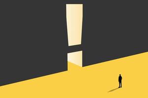 Business solution or strategy concept with businessman and exclamation mark on wall. Symbol of planning, business future. Eps10 illustration. vector