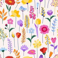 Wildflowers seamless pattern. Bright meadow herbs and flowers on a beige background. Floral summer illustration. Spring botanical background, modern style design vector