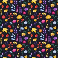 Seamless pattern with bright and colorful wildflowers on a dark background. Meadow herbs and flowers. Floral summer illustration. Spring botanical background, modern style design vector
