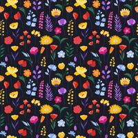 Seamless pattern with bright and colorful wildflowers on a dark background. Meadow herbs and flowers. Floral summer illustration. Spring botanical background, modern style design vector