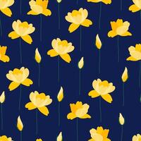 Seamless pattern of yellow flowers on a dark blue background. Blossoms and buds. Summer bright floral illustration. Wildflower fabric, spring botanical print vector