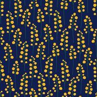 Branch with mimosa flowers, seamless pattern. Floral twigs on a dark blue background. Meadow botanical print, wildflowers. illustration vector
