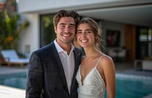 Man and Woman Standing by Pool photo