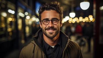 Man Wearing Glasses and Brown Jacket photo