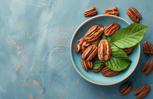 Bowl Filled With Nuts and Leaves on Blue Surface photo