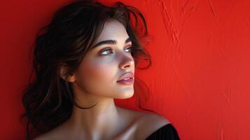 Womans Face Against Red Background photo