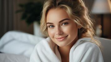 Woman Sitting in Front of a Pile of White Towels photo