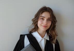 mujer en graduación vestido participación carpeta foto