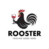 Rooster silhouette illustration design holding a glass of Red Wine can be used for Vintage Restaurant logo vector