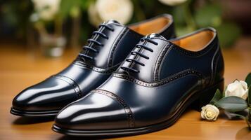 Black Shoes on Wooden Table photo