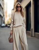 Woman in Beige Sweater and Wide Legged Pants photo