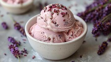 Bowl of Pink Ice Cream and Lavender Flowers photo