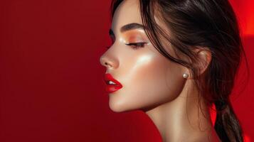 Womans Face Against Red Background photo