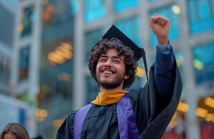 hombre en graduación gorra y vestido levantamiento puño foto