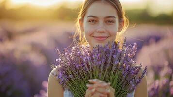 Woman Holding Bunch of Lavender Flowers photo