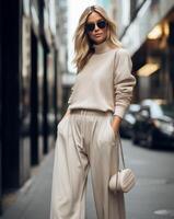 Woman in White Sweater and Beige Pants photo