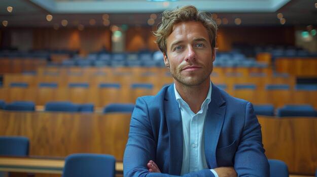 Man in Suit Sitting in Front of Lecture Hall photo