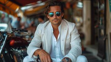 Man in White Suit and Sunglasses Sitting on Motorcycle photo