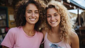 dos joven mujer en pie juntos foto