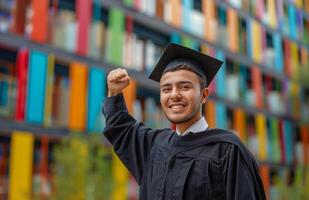 Man in Graduation Cap and Gown Raising Fist photo