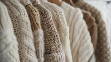 Row of Sweaters Hang on Rack photo