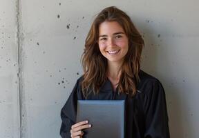 mujer en graduación vestido participación carpeta foto