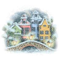 Panorama of a European, winter city, cute houses with lanterns, a bridge and snow. Watercolor illustration. For the design and decoration of posters, prints, postcards, souvenirs, Christmas vector